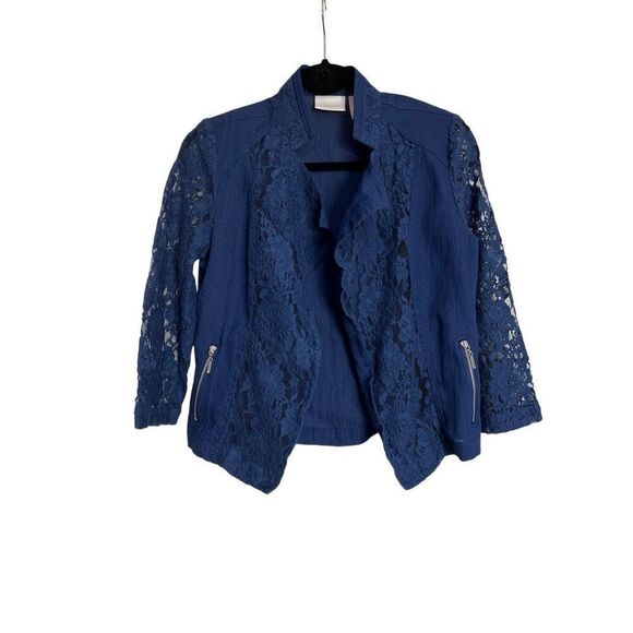 Chicos Jacket Womens Size 0 Blue Lace Open Front Quarter Sleeve Notch Collar - Picture 1 of 12